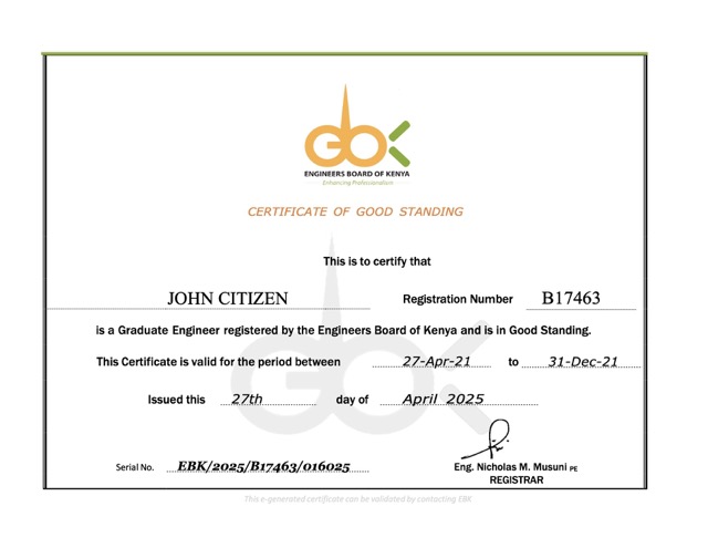 Kenya certificate of good standing Word and PDF template